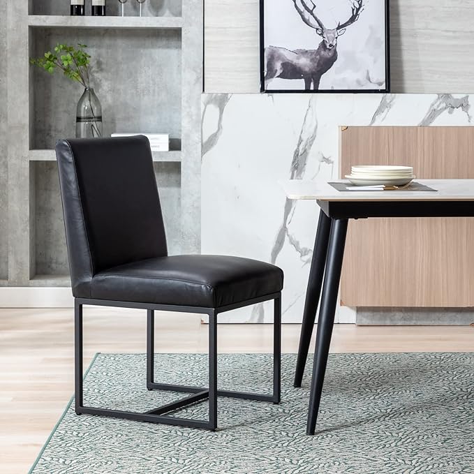 CIMOTA Black Leather Dining Chairs Set of 2, Upholstered Dining Room Chairs Armless Guest Side Chair with Black Base for Dining Room/Kitchen, 2PCS