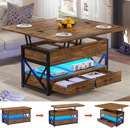 Itaar 40" Lift Top Coffee Table, 4 in 1 Coffee Tables with Storage for Living Room, Small Farmhouse Coffee Table with 2 Drawers & LED Light for Dining Reception Room, Rustic Brown