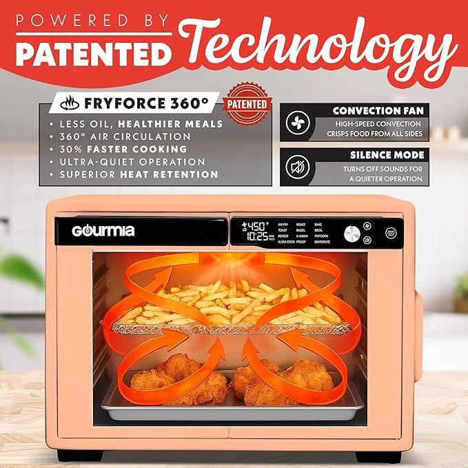 Gourmia French Door Digital Air Fryer Oven - XL 37QT Capacity, 12 Presets, FryForce 360° Tech, Dehydrate, Proof, Slow Cook, Fits 13” Pizza, 1700W, Peach