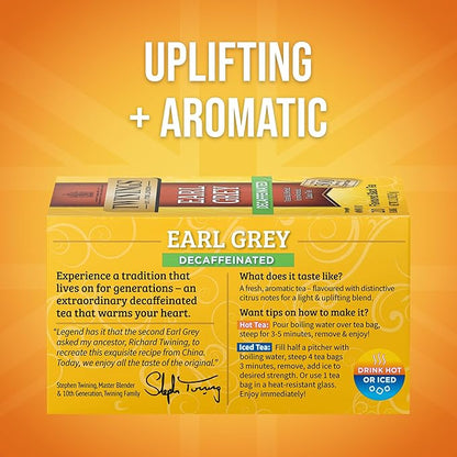 Twinings Decaffeinated Earl Grey Black Tea Individually Wrapped Bags, 20 Count (Pack of 6), Flavoured with Citrus and Bergamot, Enjoy Hot or Iced, 120 Teabags