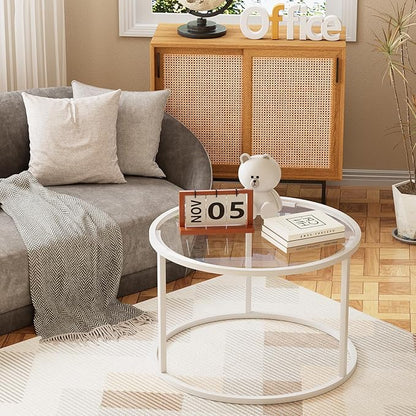 Glass Coffee Table Modern Center Table,Minimalist Coffee Table Sofa Side Tea Table for Living Room,Tempered Glass-top with Sturdy Metal Frame, Easy Assembly, 27 x 27 x 17 Inch,White