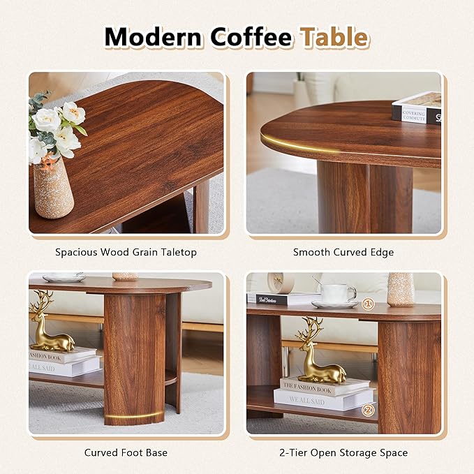 43.3” Oval Coffee Tables for Living Room, Wood Farmhouse Coffee Table with Storage, 2-Tier Center Table with Storage Shelf Low Tea Table for Small Space, Home, Office (Walnut)