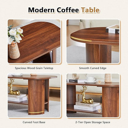 43.3” Oval Coffee Tables for Living Room, Wood Farmhouse Coffee Table with Storage, 2-Tier Center Table with Storage Shelf Low Tea Table for Small Space, Home, Office (Walnut)