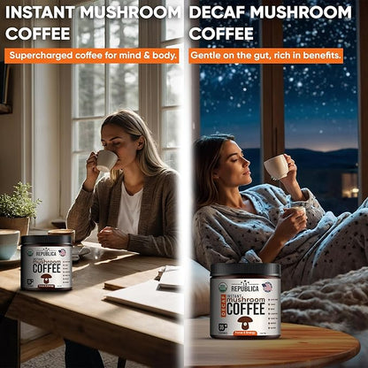 La Republica Organic Instant Mushroom Coffee (2.5oz) + Decaf (2.5oz) - 70 Servings with Coasters & Mixing Spoon - 100% Arabica with Lion's Mane, Reishi, Chaga, Cordyceps, Shiitake, Maitake, Turkey Tail