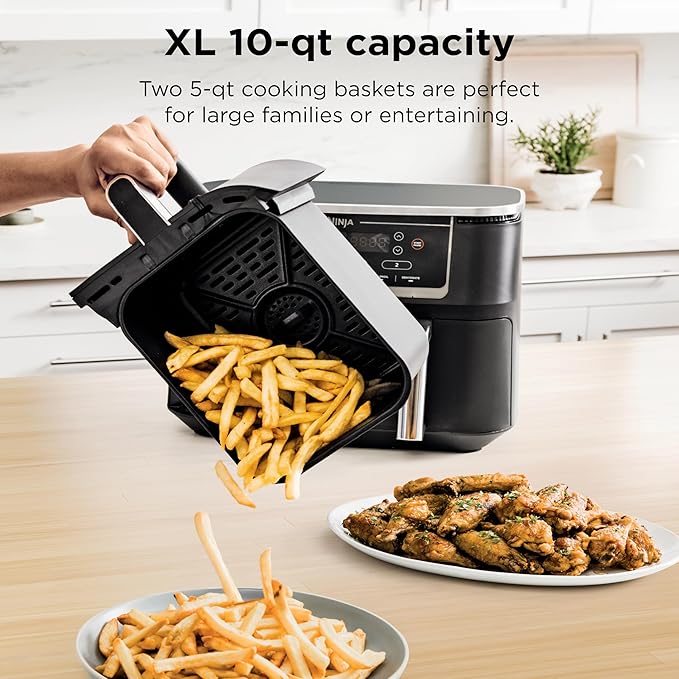 Ninja DZ550 Foodi 10 Quart 6-in-1 DualZone Smart XL Air Fryer with 2 Independent Baskets, Smart Cook Thermometer for Perfect Doneness, Match Cook & Smart Finish to Roast, Dehydrate & More, Grey