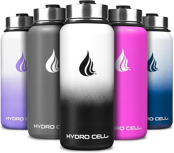 HYDRO CELL Stainless Steel Insulated Water Bottle with Straw - For Cold & Hot Drinks - Metal Vacuum Flask with Screw Cap and Modern Leakproof Sport Thermos for Adults (Black/White 32oz)