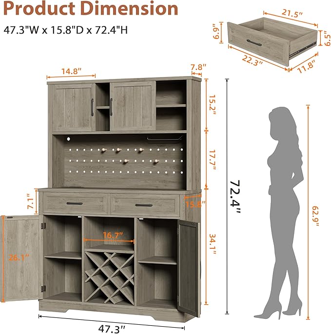 72" Coffee Bar Cabinet with Power Outlet & LED Light, Farmhouse Large Kitchen Hutch with Sliding Barn Door, Tall Bar Cabinets with Storage Drawers & Wine Glass Rack,Pantry China Cabinet for Home,Grey