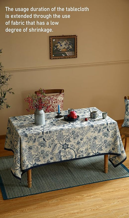 Designer French Linen Extra Long Rectangle Tablecloth,Blue Floral Washable Indoor Table Cloth,Durable Home Decor Tablecloths for Dining Thanksgiving Kitchen Party,67"*118"-Ruyi B