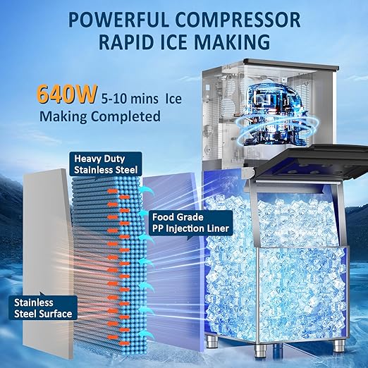 Commercial Ice Maker Machine 460LBS/24H 360LBS Ice Bin LCD Touch Screen Self Cleaning Function Freestanding Ice Maker 156 Counts Ice Ready in 5-10 min Clear Ice Cube for Cafe, Bar, Home