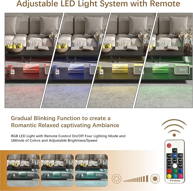 43" Acrylic Coffee Table with Black Wood Top, Minimalist Stylish Modern Rectangular Center Tables for Living Room, Led Living Room Table with Storage Shelf & Acrylic Frame for Small Space