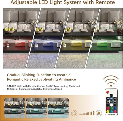 43" Acrylic Coffee Table with Black Wood Top, Minimalist Stylish Modern Rectangular Center Tables for Living Room, Led Living Room Table with Storage Shelf & Acrylic Frame for Small Space