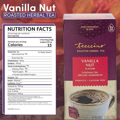 Teeccino Vanilla Nut Herbal Tea - Rich & Roasted Herbal Tea That’s Caffeine Free & Prebiotic for Natural Energy, 25 Tea Bags (Pack of 3)