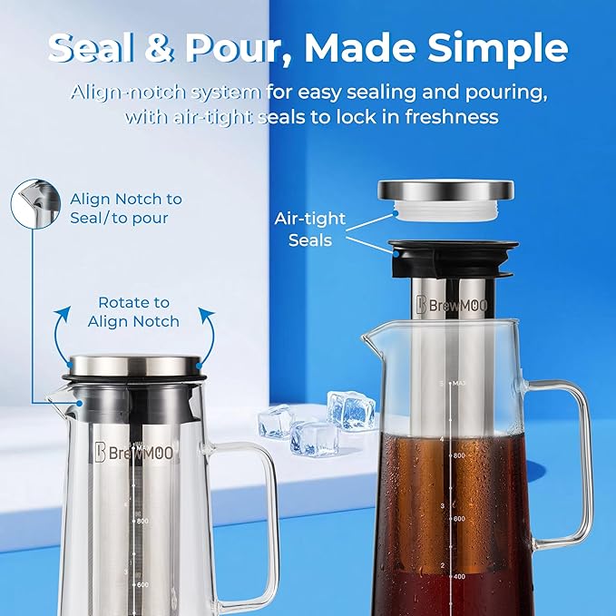 BrewMOO- Airtight Cold Brew Coffee Maker Pitcher, 1.0L/34Oz Thick Glass Carafe with Filter, Comfort Sturdy Handle & Wide Spout, Non-Slip Base | Iced Tea Maker (Black)