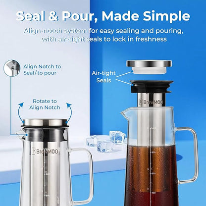 BrewMOO- Airtight Cold Brew Coffee Maker Pitcher, 1.0L/34Oz Thick Glass Carafe with Filter, Comfort Sturdy Handle & Wide Spout, Non-Slip Base | Iced Tea Maker (Grey)
