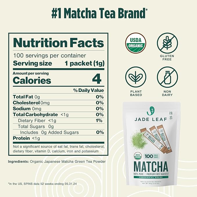 Jade Leaf Matcha Organic Ceremonial Grade Green Tea Powder - Bulk Matcha Single Serve Stick Packs - Authentic Japanese Origin (100 Count Single Serve Stick Pack Box)