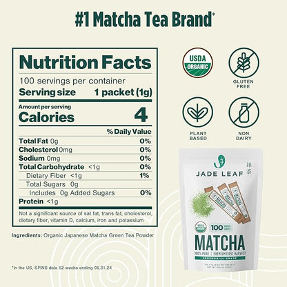 Jade Leaf Matcha Organic Ceremonial Grade Green Tea Powder - Bulk Matcha Single Serve Stick Packs - Authentic Japanese Origin (100 Count Single Serve Stick Pack Box)