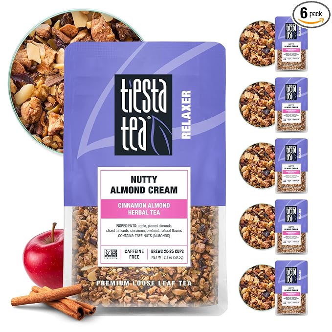 Tiesta Tea - Nutty Almond Cream, Loose Leaf, Cinnamon Almond Herbal Tea, Premium Non-Caffeinated Blend, Make Hot or Iced & Brews Up to 25 Cups, 12.6oz Resealable Pouch, Pack of 6