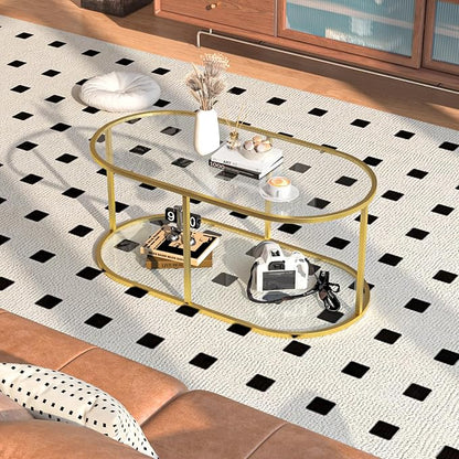 Coffee Table Gold Glass Coffee Table for Living Room,2 Tiers Oval Center Table with Sturdy Metal Frame,Modern Tempered Glass Accent Table for Bedroom Home Office