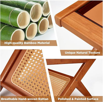 47" Mid-Century Modern Coffee Table with Glass Top, Bamboo Accent Bedside Tables, Glass Nightstand Side Table and Boho Wooden End Table with Storage for Living Room Table Brown