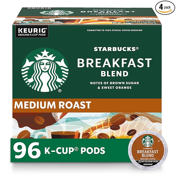 Starbucks K-Cup Coffee Pods, Medium Roast Coffee, Breakfast Blend, 100% Arabica, 4 boxes (96 pods total)
