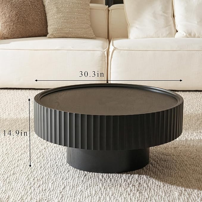 Round Wood Coffee Table - Wooden, Ribbed-Design, 30.3" Dia, 14.9" H Living Room Table, Center Table Simple Modern Style for Home Living Room Furniture (Black, 30.3''L×14.9''H)