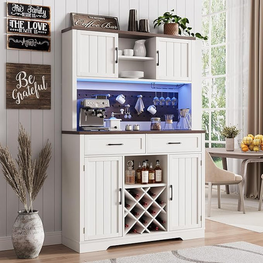 72" Coffee Bar Cabinet with Power Outlet & LED Light, Farmhouse Large Kitchen Hutch with Sliding Barn Door, Tall Bar Cabinets with Storage Drawers & Wine Glass Rack,Pantry China Cabinet for Home,White