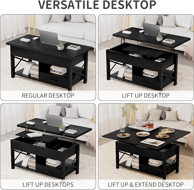 Lift Top Coffee Table with Storage, Black Lift Top Coffee Table with Drawers&Hidden Compartment, Multi-Functional Center Table, Convertible Coffee Tables into Dining Table for Home Living Room Office