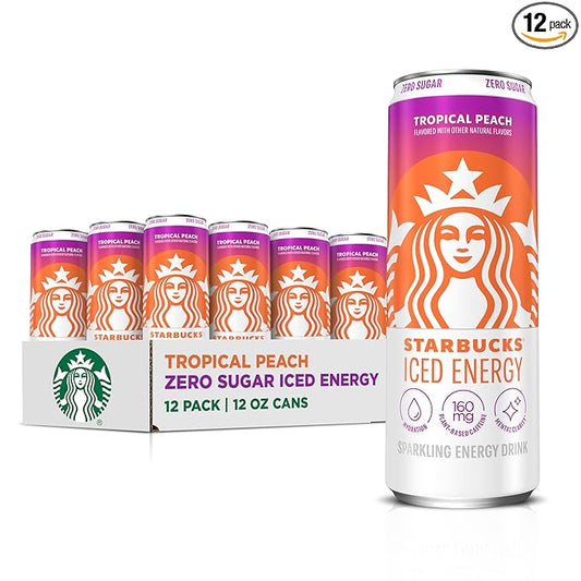 Starbucks Iced Energy Drink, Tropical Peach, Zero Sugar Energy Drink, Plant Based Caffeine, Hydration, Mental Clarity, 12 Fl Oz Cans (Pack of 12)