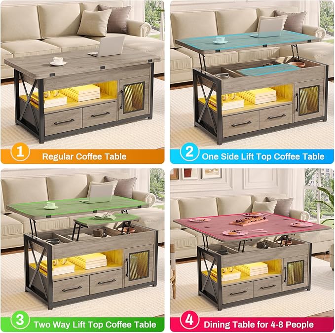 Itaar 40" Lift Top Coffee Table, 4 in 1 Coffee Tables with Storage Cabinet for Living Room, Small Farmhouse Coffee Table with 2 Fabric Drawers & LED Light for Dining Room, Grey