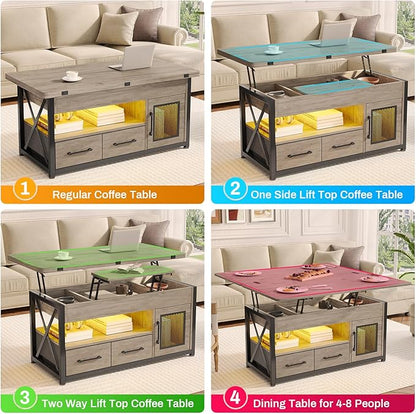 Itaar 40" Lift Top Coffee Table, 4 in 1 Coffee Tables with Storage Cabinet for Living Room, Small Farmhouse Coffee Table with 2 Fabric Drawers & LED Light for Dining Room, Grey