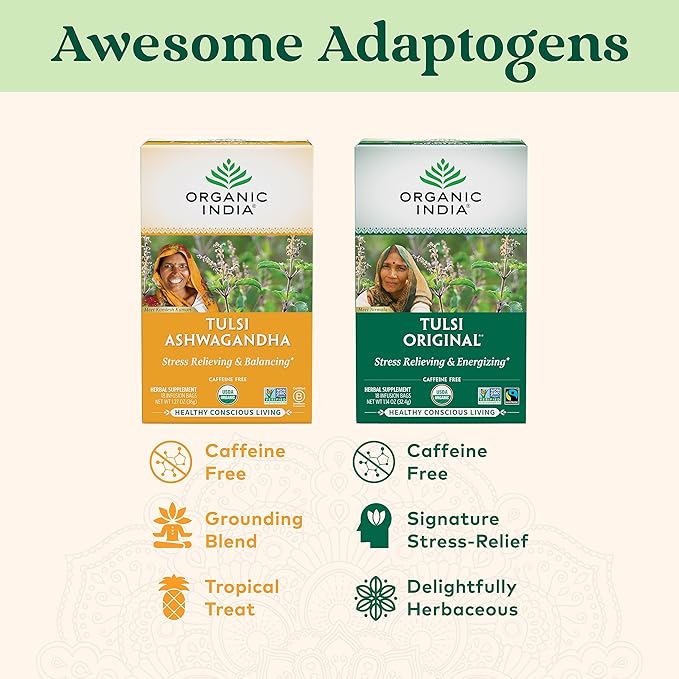 ORGANIC INDIA Tulsi Original Herbal Tea - Holy Basil and African Basil Calming and Stress Relief Tea, Immune Support, USDA Certified Organic, Non-GMO, Caffeine-Free - 18 Infusion Bags, 6 Pack