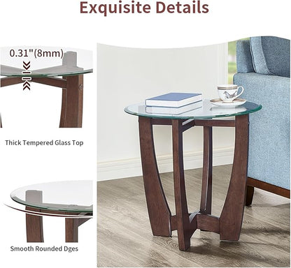 Glass End Table, 23.5" Round Side Tables with Tempered Glass Top Cross and Solid Wood Base Small Night Stand for Living Room Office Apartment Cherry