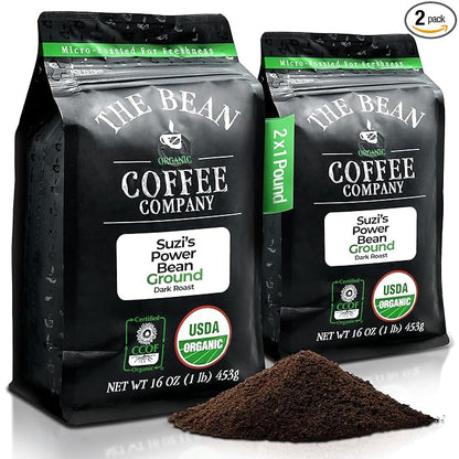 The Bean Organic Coffee Company Suzi's Power Bean, Dark Roast, Ground Coffee, 16-Ounce Bags (Pack of 2), Café molido tostado orgánico