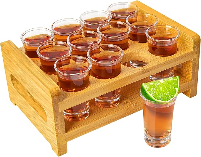 Shot Glasses and Holder Mini Shot Glasses Set 0.5oz-0.66oz / 15ml-20ml Set of 12 Shot Glass Stand Tray Clear Glass for Party Club Bar Home Restaurant Kitchen Barware Glassware Drinking Tool