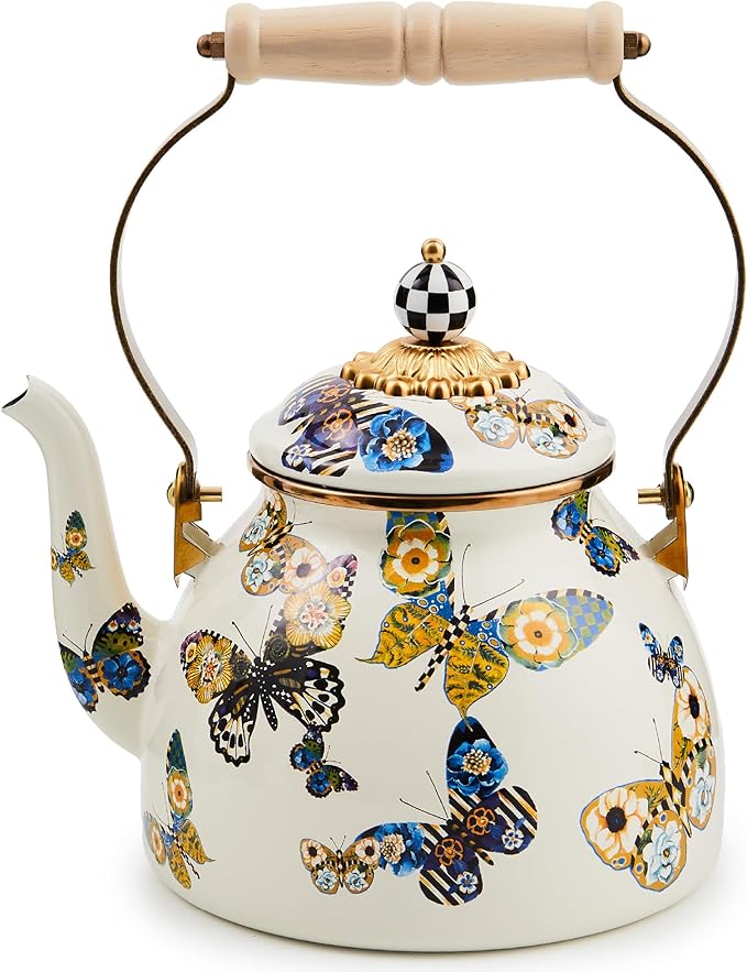 MACKENZIE-CHILDS 2-Quart Enamel Tea Kettle, Cute Tea Kettle for Stovetop, Butterfly