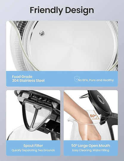 COMFEE' 1.7L Glass Tea Kettle and Kettle Water Boiler - Electric Kettle Temperature Control with 6 Presets, 2-Hr Keep Warm, Fast Heating, 304 Stainless Steel, Auto-Off and Boil-Dry Protection