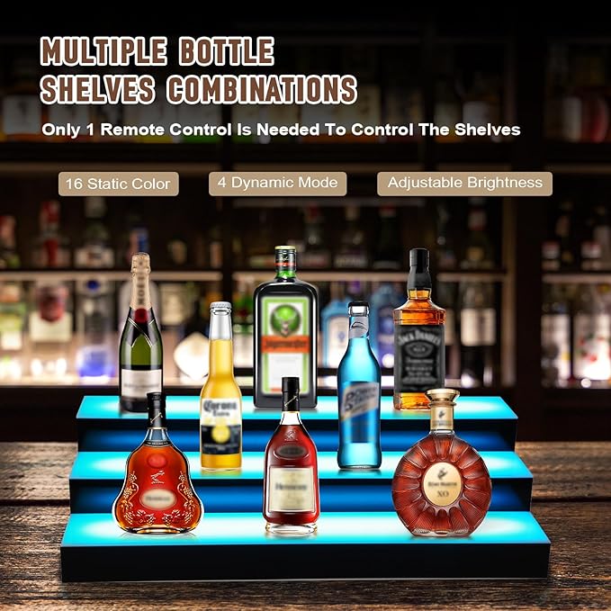FAHKNS LED Lighted Liquor Bottle Display, 3 Tiers 24 Inch LED Liquor Shelves with RF Remote, Liquor Bottle Accessories Shelf for Home Bar, 16 Static Colors 4 Dynamic Mode