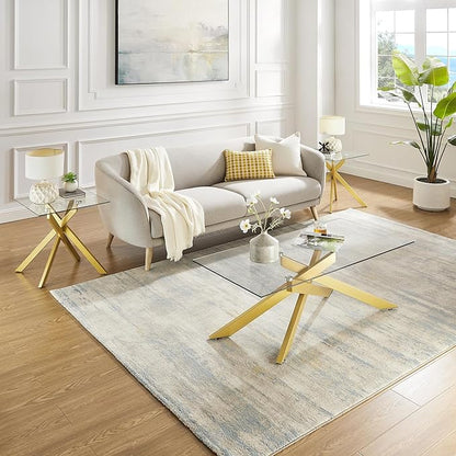 Rectangle Modern Coffee Table, Tempered Glass Top and Metal Tubular Leg, 47.3”Lx23.6”Wx18.1”H, Gold