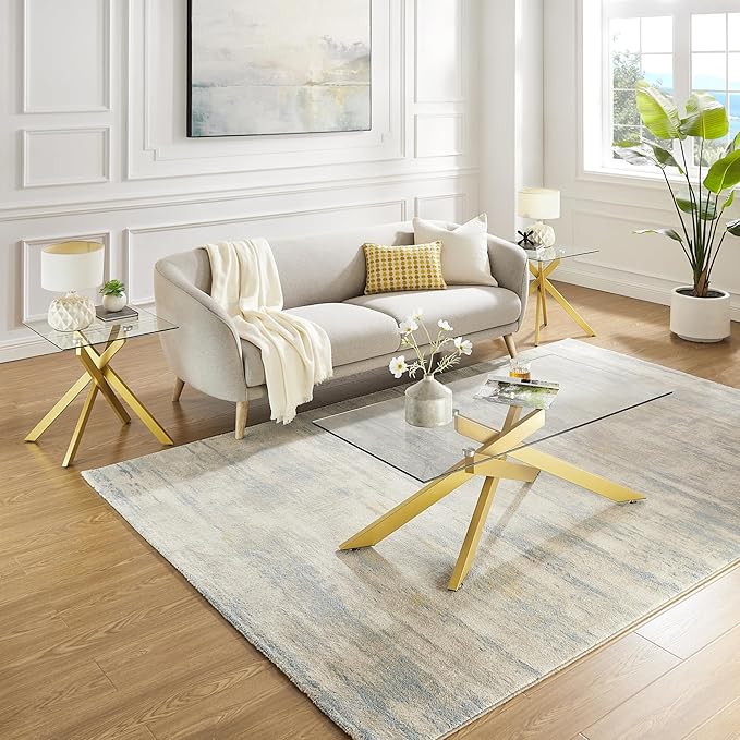 Rectangle Modern Coffee Table, Tempered Glass Top and Metal Tubular Leg, 47.3”Lx23.6”Wx18.1”H, Gold
