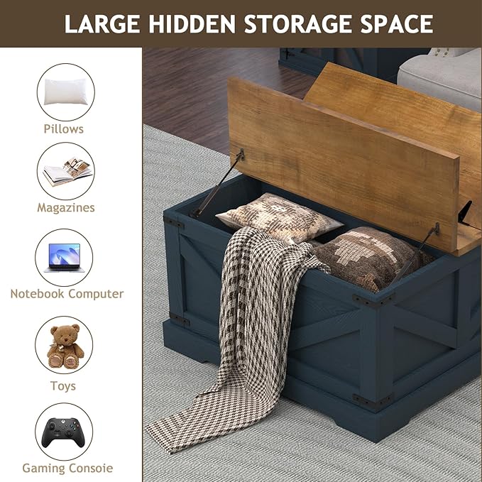 Farmhouse Coffee Table with Hidden Storage Compartment, Square Coffee Table for Living Room, Wood Center Table with Hinged Lifting Tabletop for Home, Navy Blue