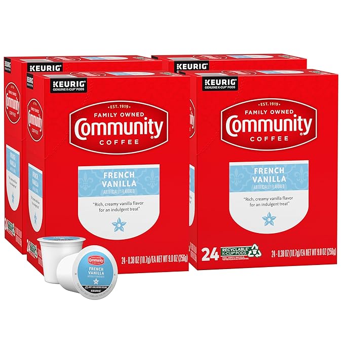 Community Coffee French Vanilla Flavored 96 Count Coffee Pods, Medium Roast, Compatible with Keurig 2.0 K-Cup Brewers, 24 Count (Pack of 4)