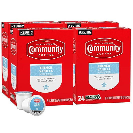 Community Coffee French Vanilla Flavored 96 Count Coffee Pods, Medium Roast, Compatible with Keurig 2.0 K-Cup Brewers, 24 Count (Pack of 4)