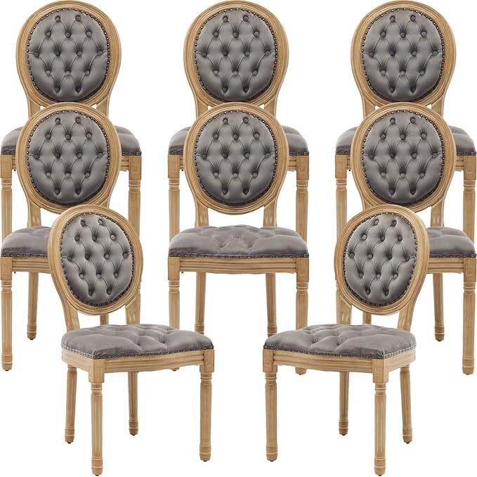 French Country Dining Chairs Set of 8, Grey Velvet Upholstered Dining Chairs, Tufted Back, Solid Wood Legs, Farmhouse Kitchen & Dining Room Chairs, Sillas De Comedor (Gray, 8Pcs)