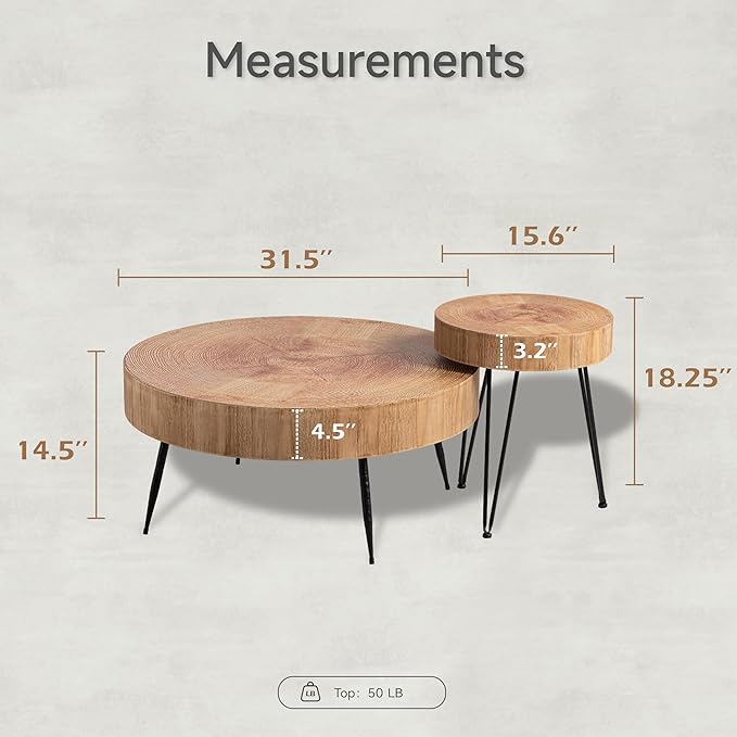 2-Piece Modern Farmhouse Living Room Coffee Table Set, Nesting Table Round Natural Finish with Handcrafted Wood Ring Motif, Light Red + Wood Color