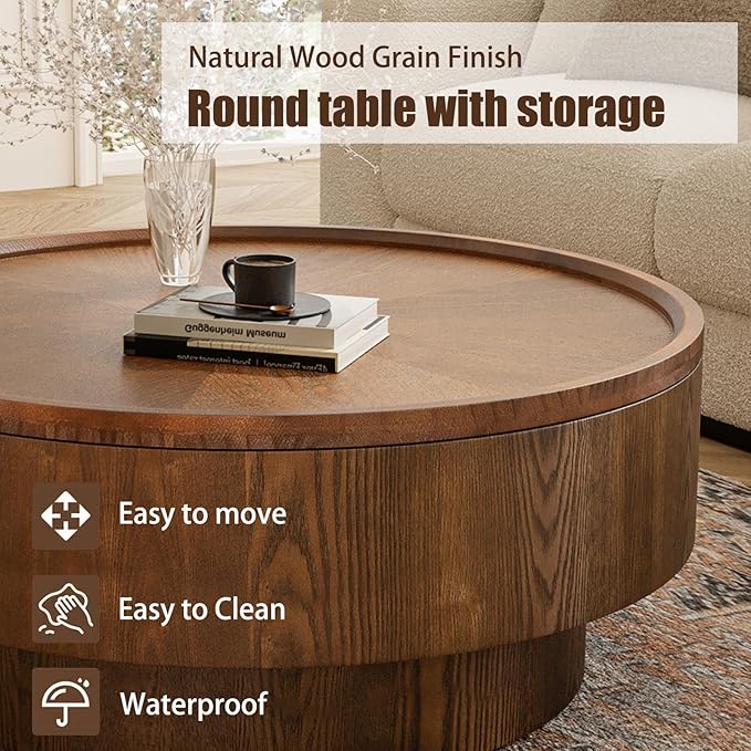 Storage Coffee Table, Handcraft Round Coffee Table with Hidden Storage Removable Top, Modern Solid Wood Veneered Circle Center Table with Sturdy Pedestal for Living Room 、Easy Assembly