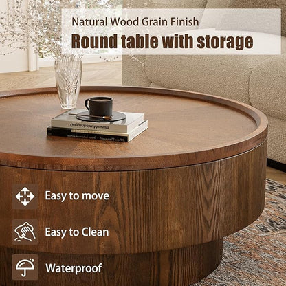 Storage Coffee Table, Handcraft Round Coffee Table with Hidden Storage Removable Top, Modern Solid Wood Veneered Circle Center Table with Sturdy Pedestal for Living Room 、Easy Assembly