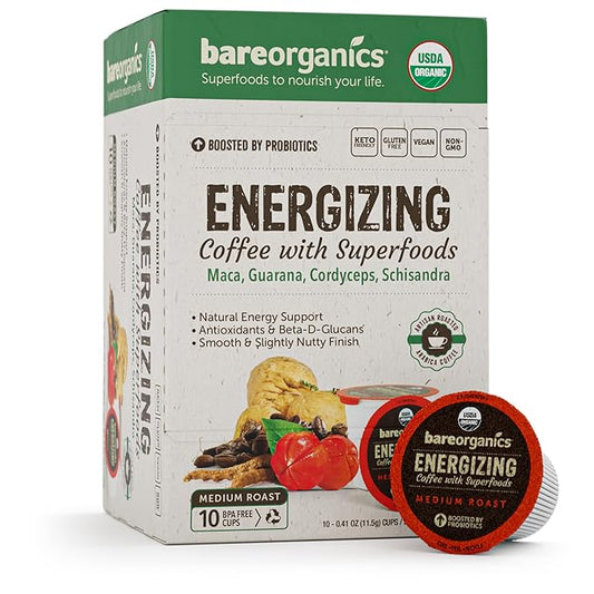 BareOrganics Energy Medium Roast Coffee, Organic, 10 K-Cup Pods, Superfoods & Probiotics Infused, Vegan, Gluten Free, 10 Single Serve Cups