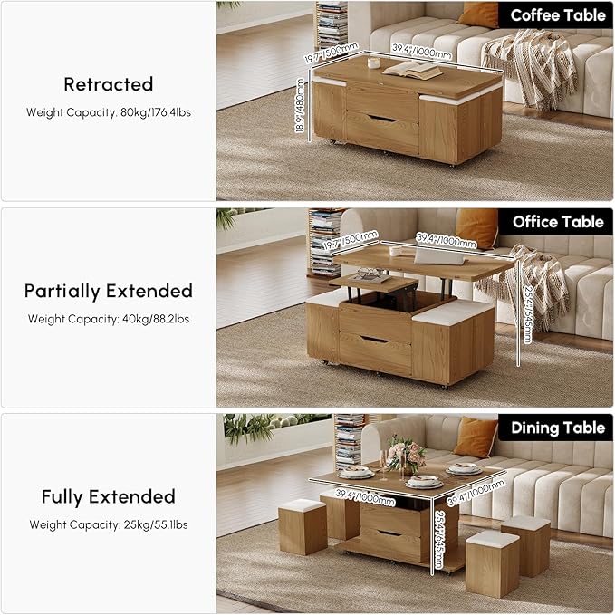 homary Natural Lift Top Coffee Table with Hidden Storage, 3 in 1 Multi-Function Modern Folding Center Table with 4 Stools and Casters