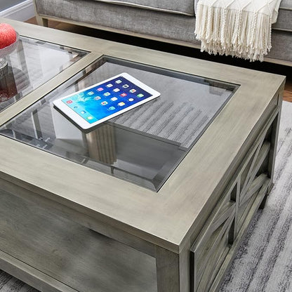 MODERION Solid Wood Coffee Table with Tempered Glass Top, Rectangular Living Room Table with 2-tire Storage Shelf, Industrial Centre Table, 45.5" X 26" Tabletop, Easy Assembly Antique Grey KFZ1318AN