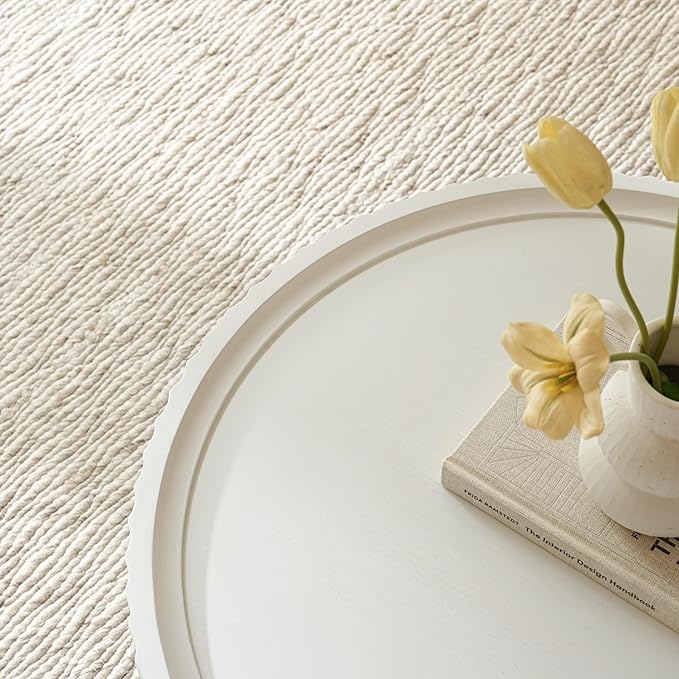 Round Coffee Table, Modern Living Room Tables with Mushroom Shape and Grooved Design, Circle Accent Pinewood Center Table for Living Room, Apartment (White, 31.8''L×14.9''H)